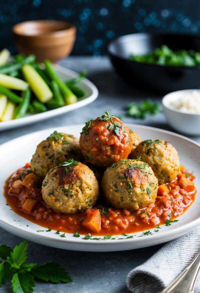 A plate of herbed turkey meatballs in marinara sauce, garnished with fresh herbs and served with a side of steamed vegetables