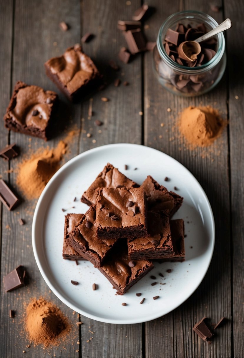 A plate of triple fudge brownies sits on a rustic wooden table, surrounded by scattered cocoa powder and chocolate shavings