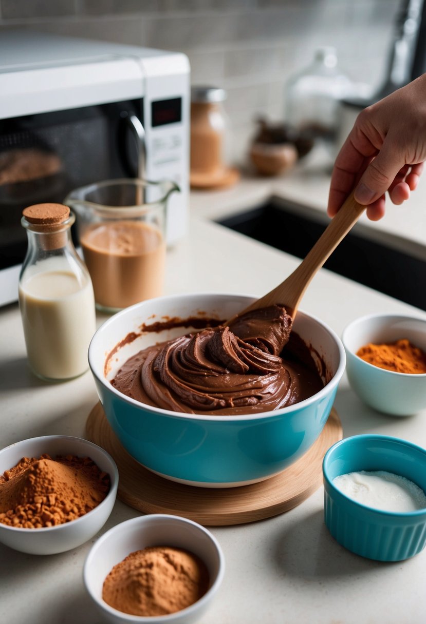 A bowl of fudge mixture being stirred in a microwave-safe dish surrounded by ingredients like cocoa powder and condensed milk on a kitchen counter