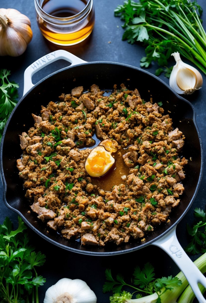 A skillet filled with sizzling ground turkey, garlic, and honey, surrounded by fresh vegetables and herbs