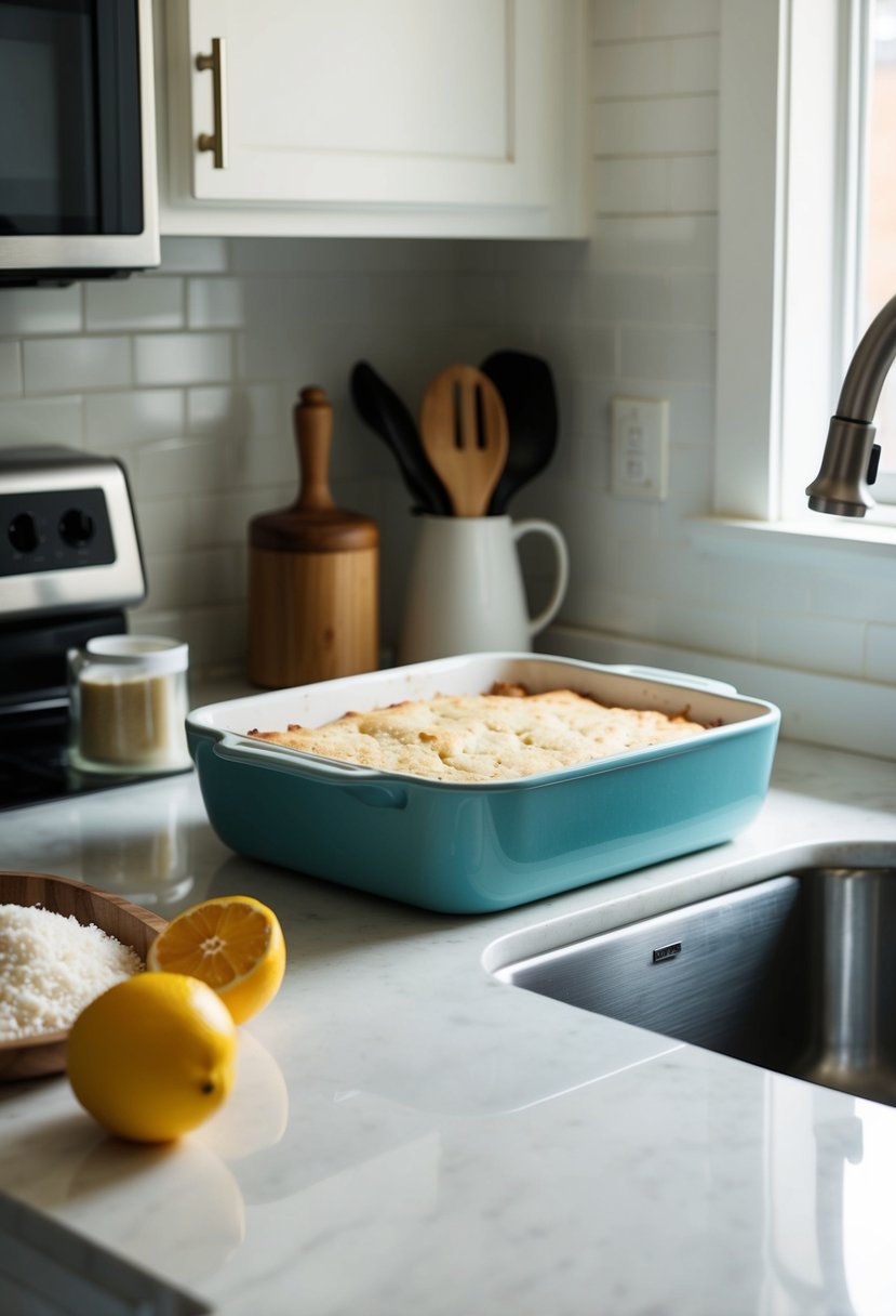 A simple kitchen counter with ingredients and a baking dish, ready to make a dump cake