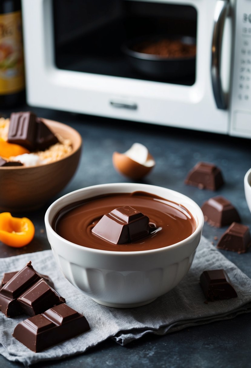 A bowl of melted chocolate with chunks, surrounded by ingredients and a microwave