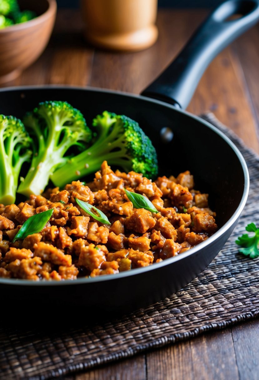 A sizzling skillet with teriyaki-glazed ground turkey and vibrant green broccoli florets steaming on the side