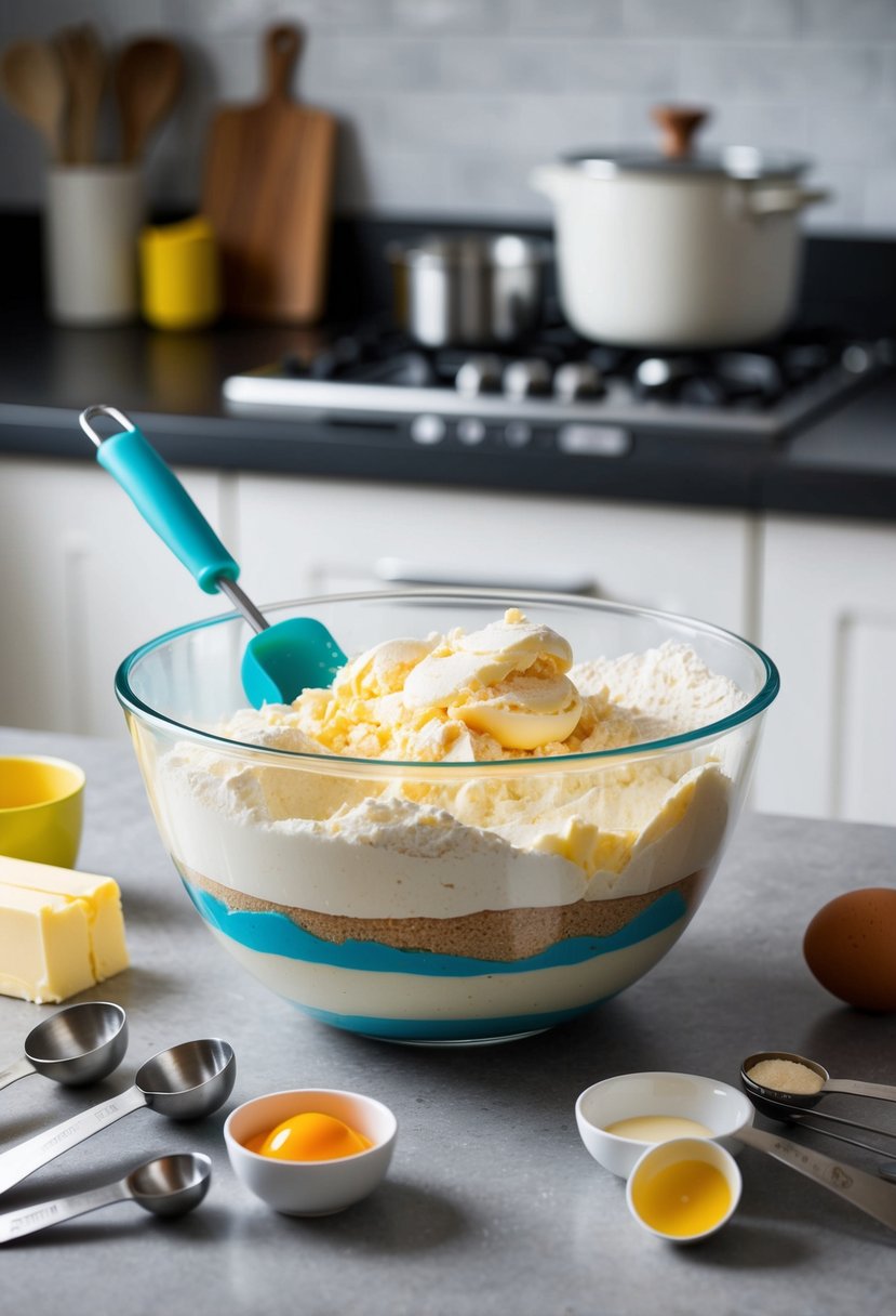 A mixing bowl filled with cake mix, eggs, and butter, surrounded by measuring cups and spoons, on a kitchen counter