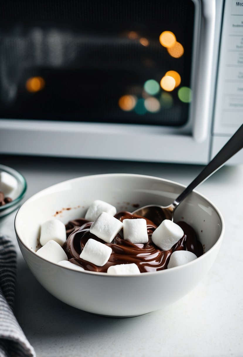 A bowl of marshmallows and chocolate in a microwave-safe dish, with a spoon stirring the mixture