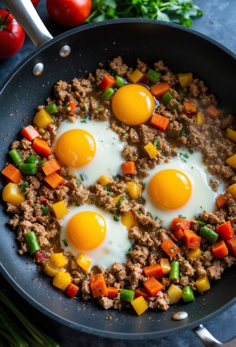 A sizzling skillet with eggs, ground turkey, and colorful vegetables cooking together