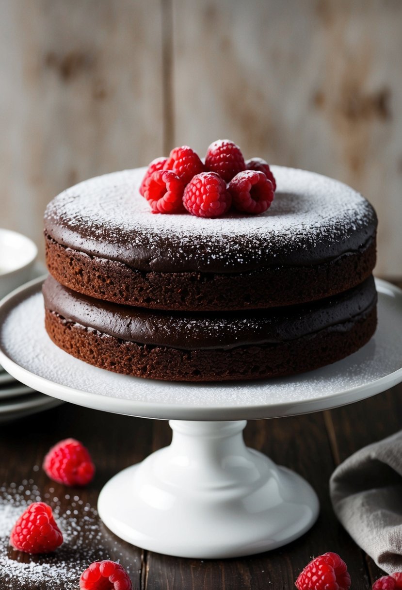 A rich and decadent flourless chocolate cake sits on a white cake stand, topped with a dusting of powdered sugar and fresh raspberries