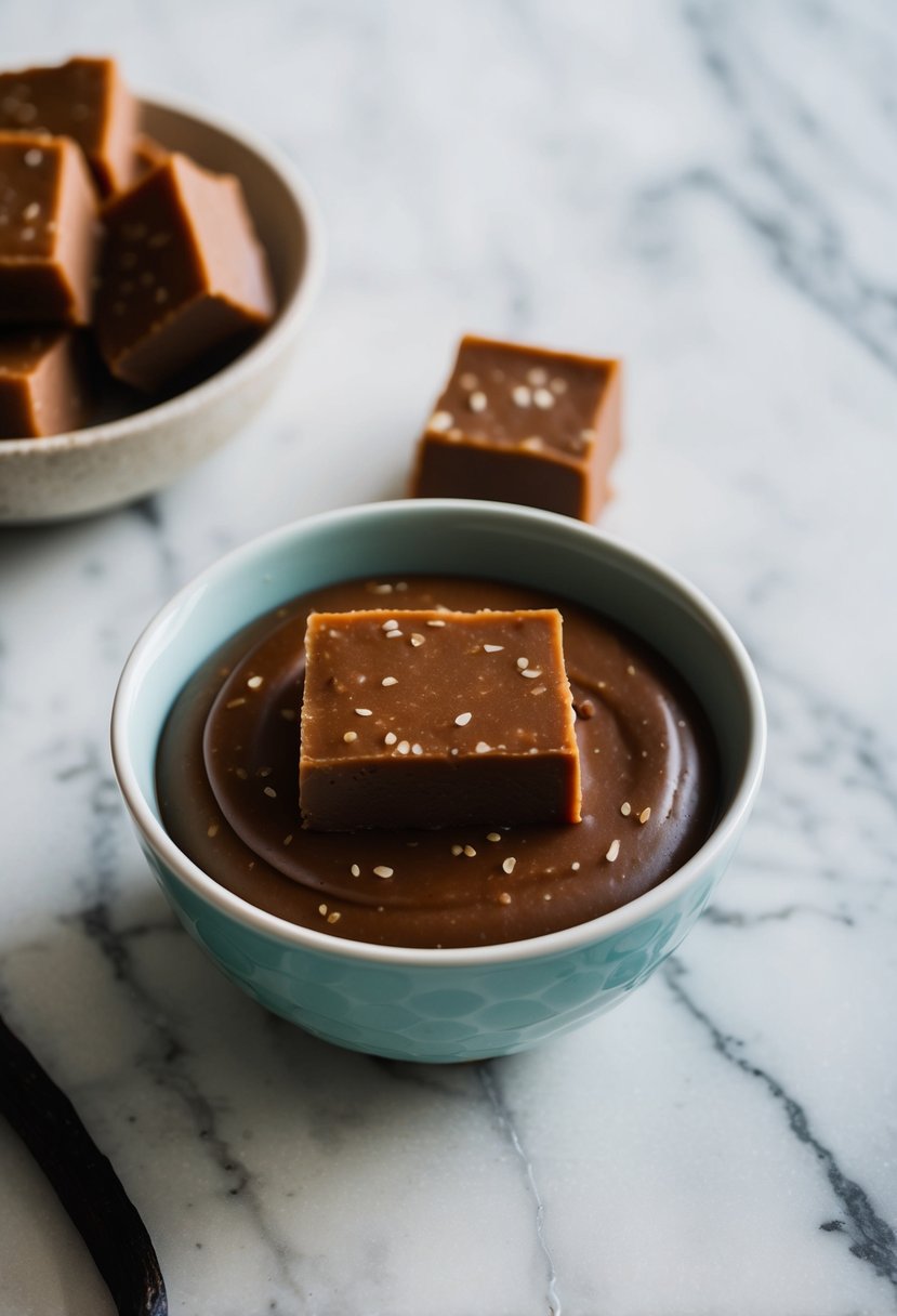 A bowl of melted fudge with vanilla bean specks, next to a twist of fudge on a marble countertop