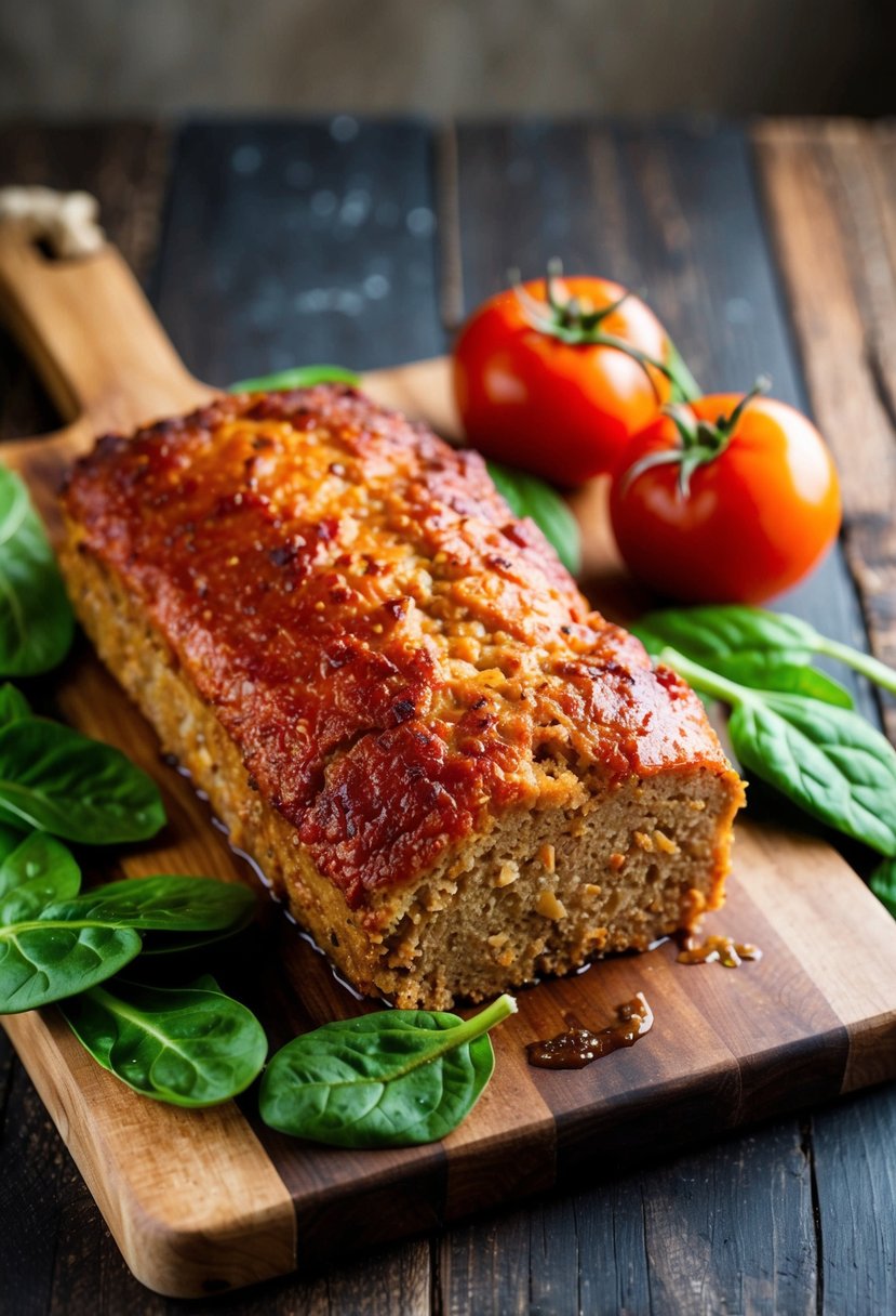 A golden-brown meatloaf sits on a rustic wooden cutting board, surrounded by fresh spinach leaves and vibrant red tomatoes