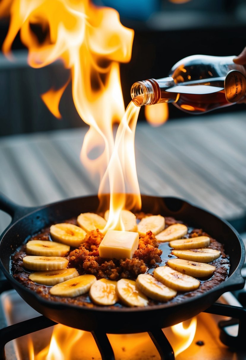 A skillet sizzling with bananas, brown sugar, and butter, topped with a flambé of rum and set ablaze