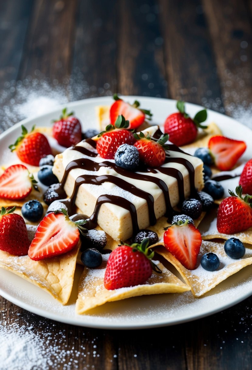 A platter of cheesecake nachos topped with strawberries, blueberries, and drizzled with chocolate sauce, surrounded by a scattering of powdered sugar