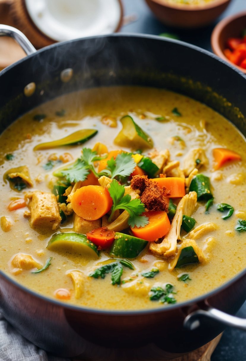 A simmering pot of coconut curry turkey soup with colorful vegetables and fragrant spices