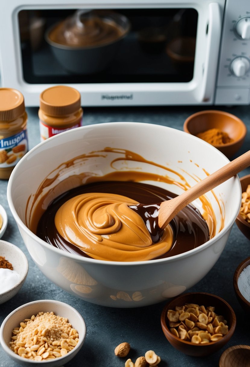 A mixing bowl with melted peanut butter and chocolate, surrounded by ingredients and a microwave