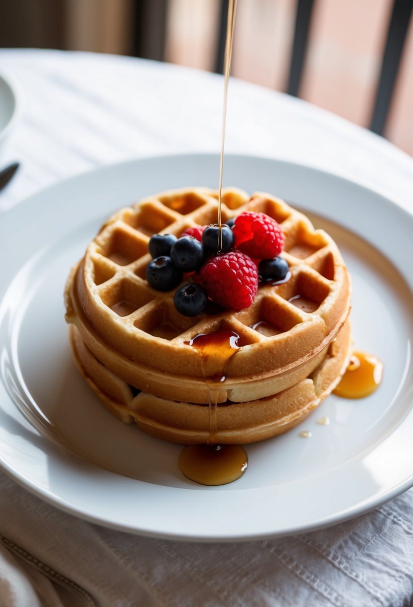 A plate of golden-brown Eggo Belgian waffles topped with fresh fruit and a drizzle of syrup, set on a white tablecloth