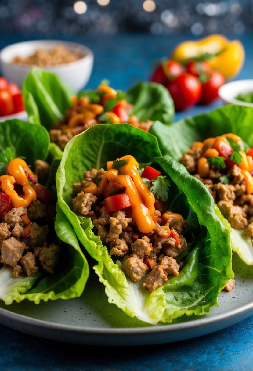 A colorful array of fresh lettuce leaves filled with seasoned ground turkey, vibrant vegetables, and a drizzle of sauce