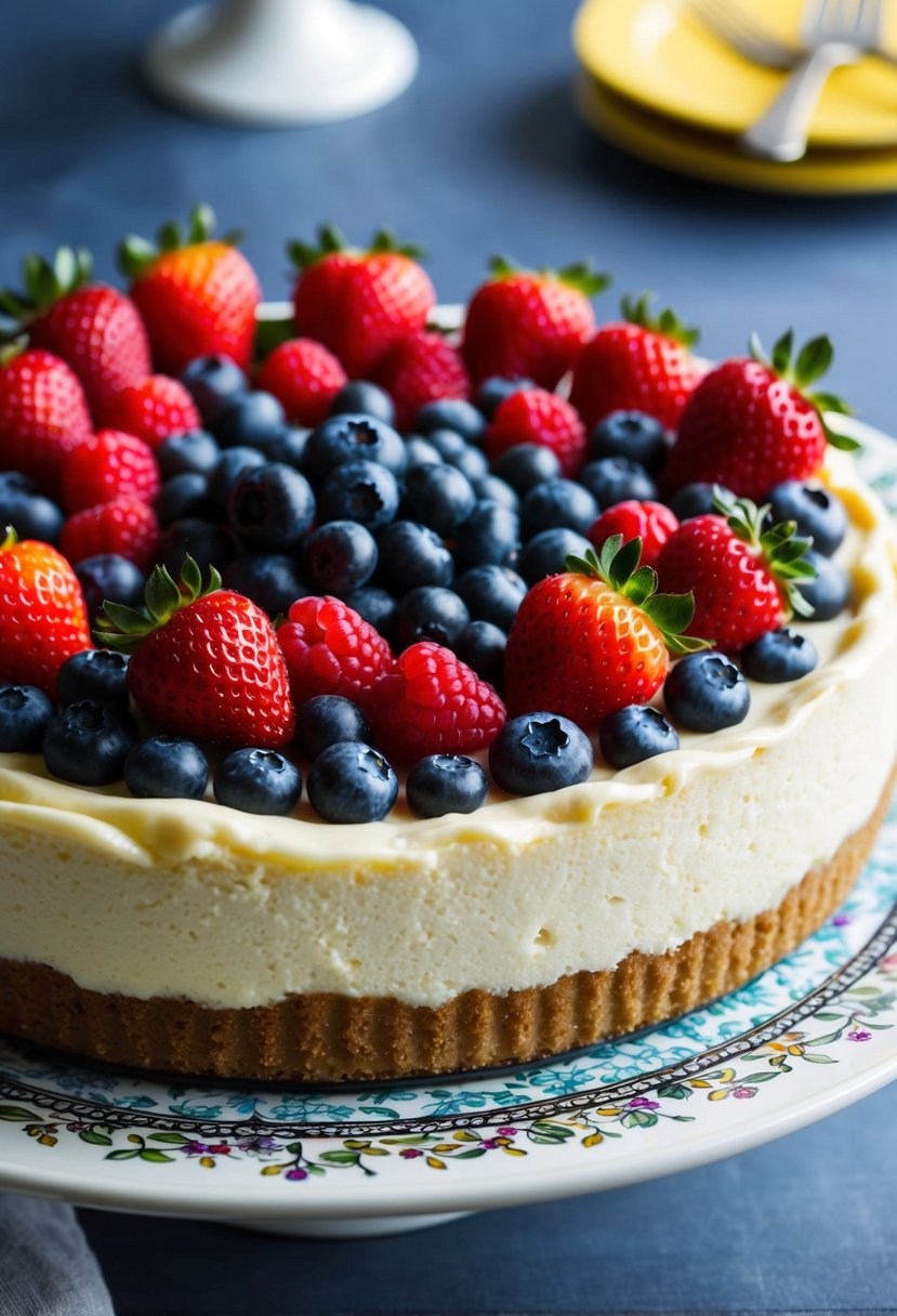 A colorful array of fresh berries and a creamy cheesecake filling in a graham cracker crust, all set on a decorative serving platter