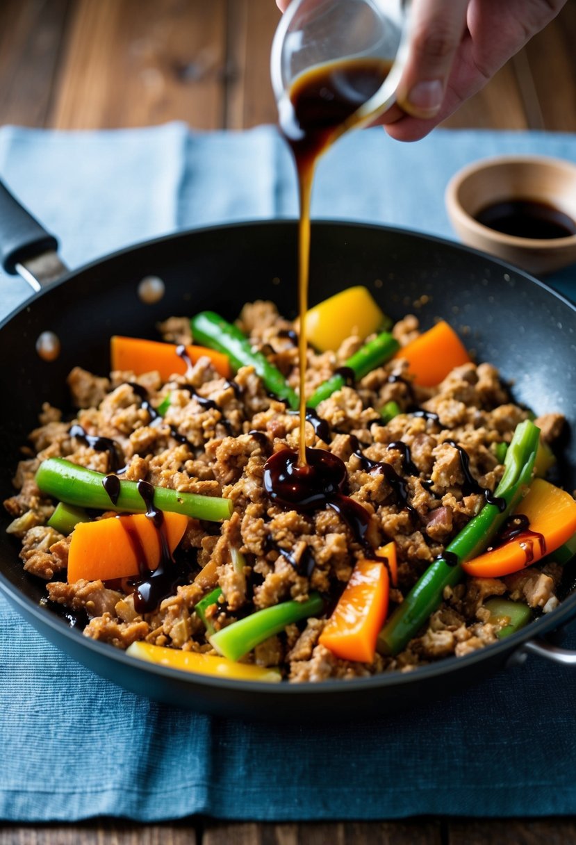 A sizzling skillet with ground turkey, colorful vegetables, and a drizzle of balsamic glaze