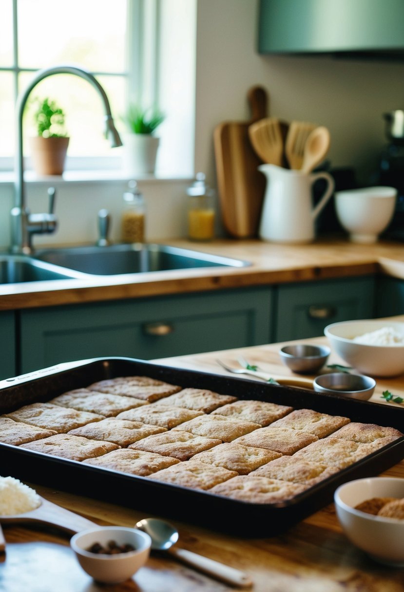 A kitchen counter with a tray of freshly baked snickerdoodle cookie bars cooling. Ingredients and utensils scattered around