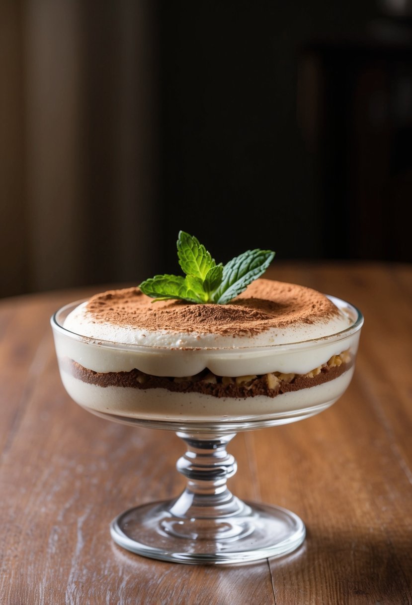 A glass dish of classic tiramisu sits on a wooden table, dusted with cocoa powder and garnished with a sprig of fresh mint