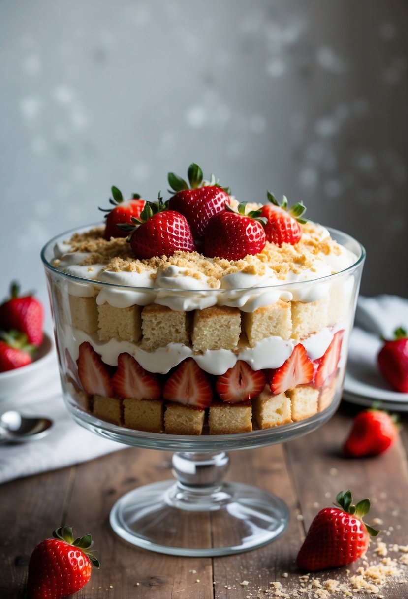 A glass trifle dish filled with layers of sponge cake, whipped cream, and fresh strawberries, topped with a sprinkle of crumbled shortcake