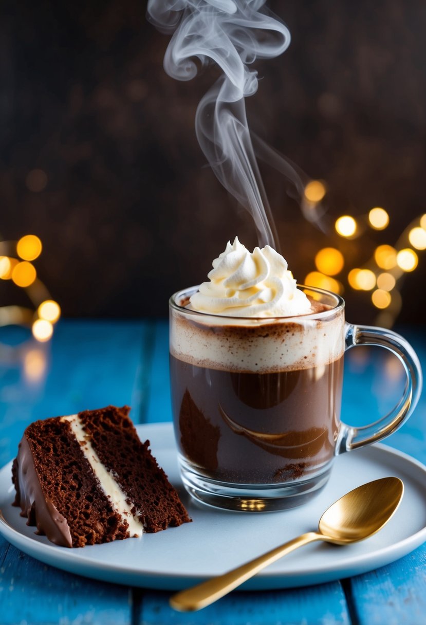 A steaming mug of hot chocolate cake next to a spoon and a dollop of whipped cream