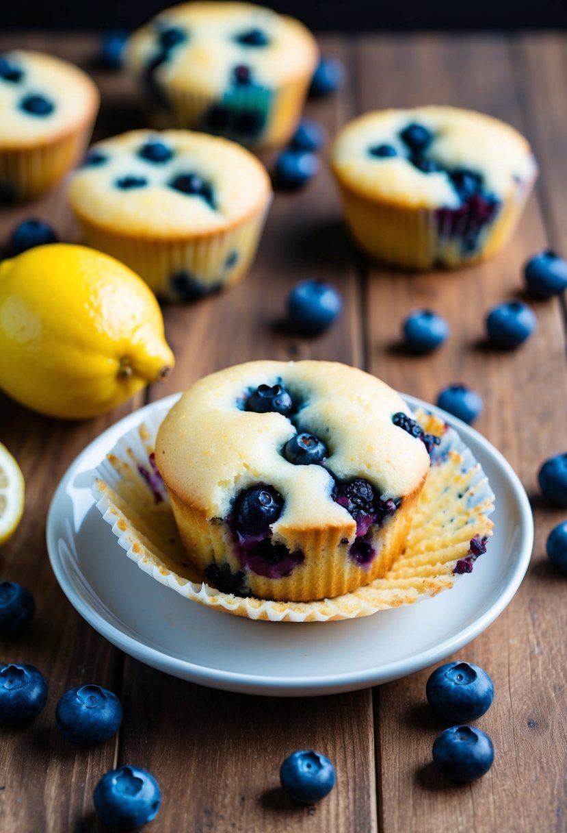 A wooden table with a freshly baked lemon blueberry muffin bread, surrounded by scattered blueberries and a lemon wedge