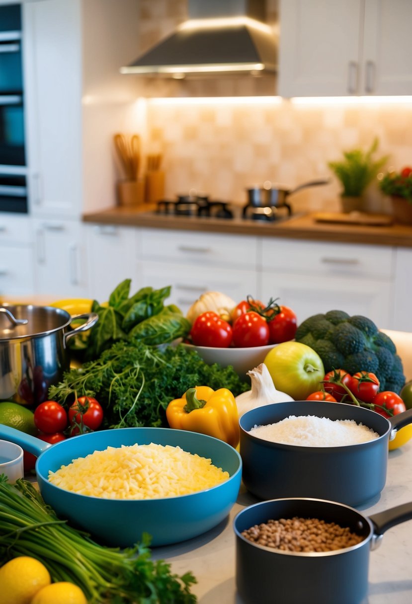 A colorful array of fresh ingredients, pots, and pans on a clean kitchen counter, ready to be transformed into a delicious and easy dinner recipe