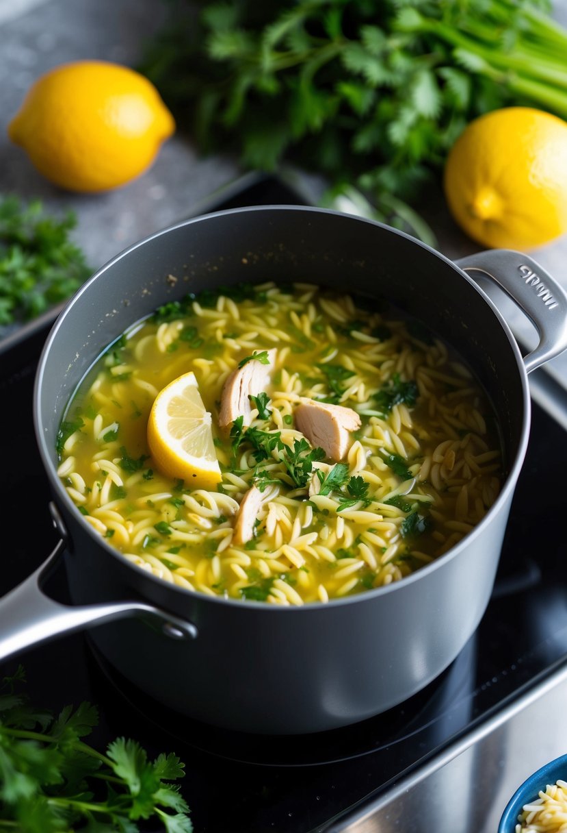 A pot of lemon chicken orzo soup simmering on a stovetop, surrounded by fresh vegetables and herbs