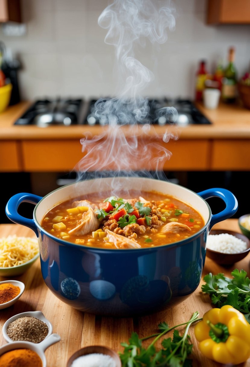 A steaming pot of white chicken chili surrounded by colorful ingredients and spices on a kitchen counter