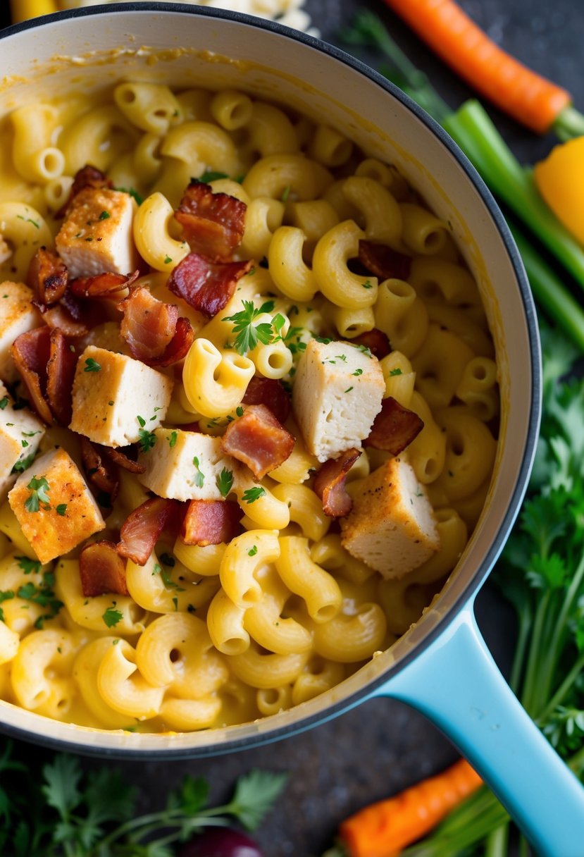 A bubbling pot of creamy mac and cheese with chunks of smoky bacon and tender pieces of seasoned chicken, surrounded by colorful vegetables and herbs