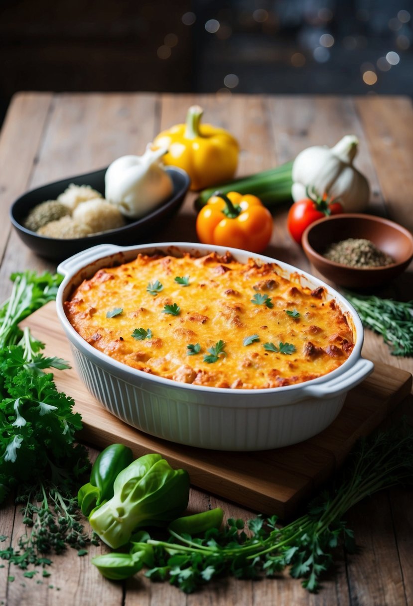 A bubbling casserole dish sits on a wooden table surrounded by fresh ingredients like vegetables, herbs, and spices