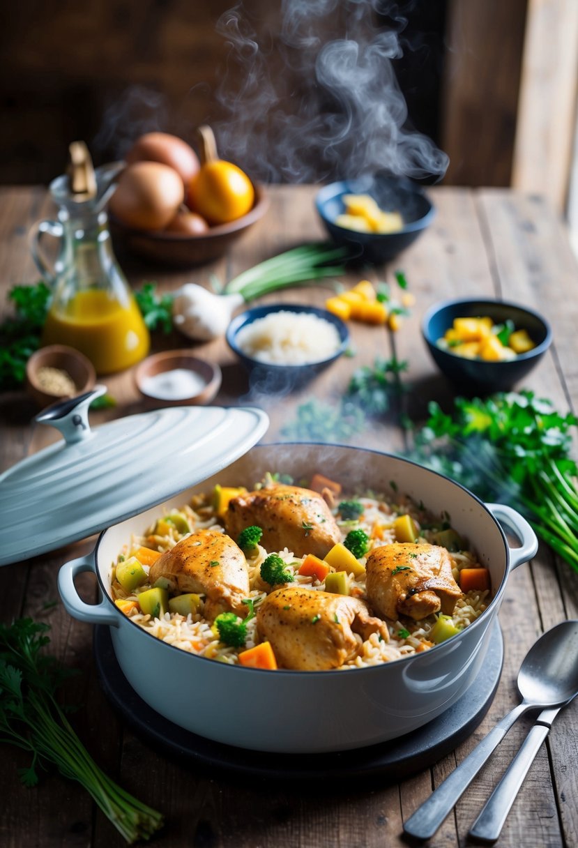 A steaming casserole dish filled with chicken, rice, and vegetables, sitting on a rustic wooden table surrounded by fresh ingredients and kitchen utensils