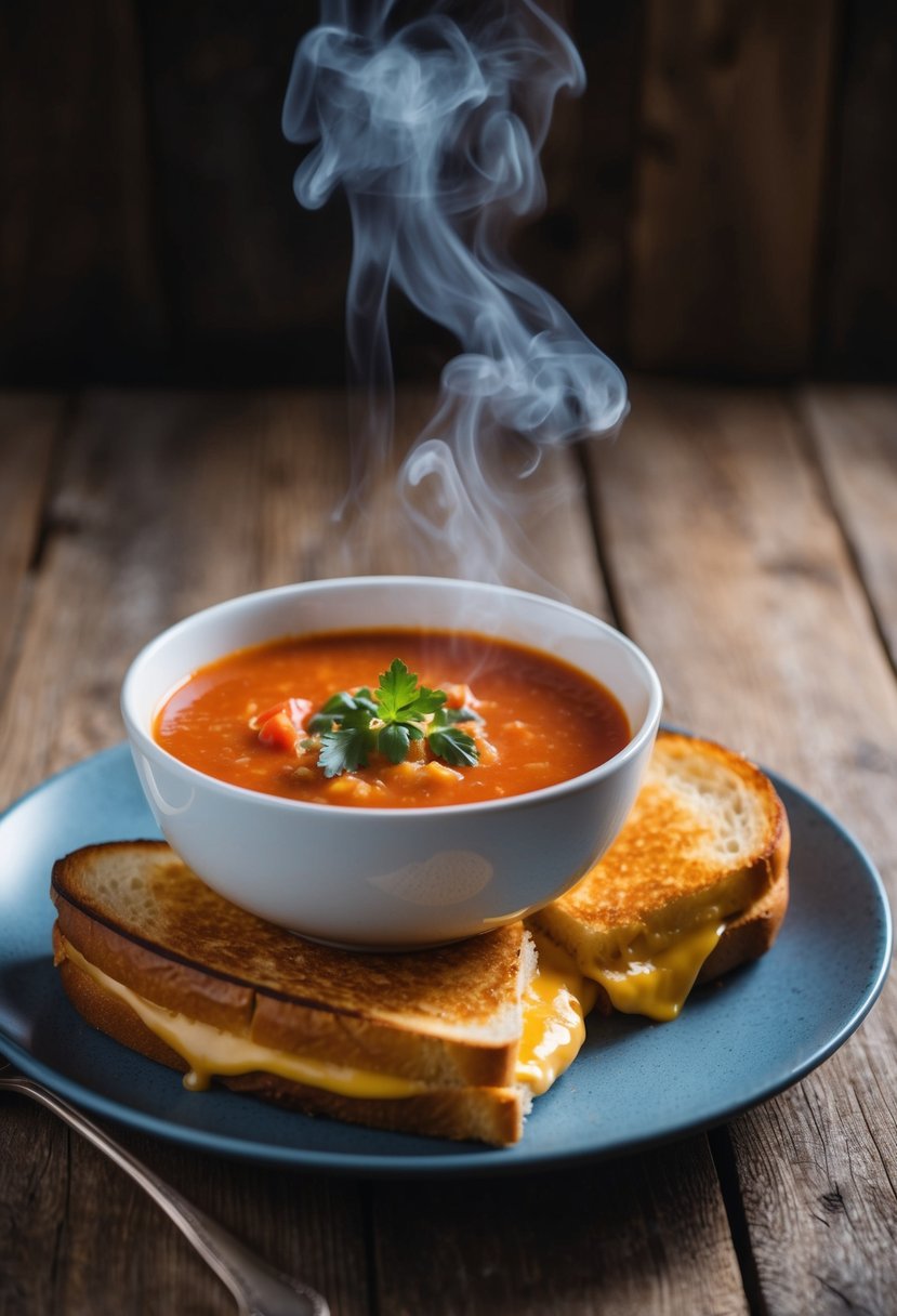 A steaming bowl of tomato soup sits next to a golden brown grilled cheese sandwich on a rustic wooden table