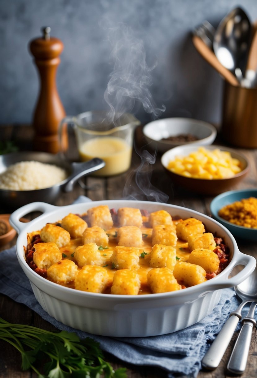 A steaming hot dish of tater tot casserole sits on a rustic kitchen table, surrounded by ingredients and cooking utensils