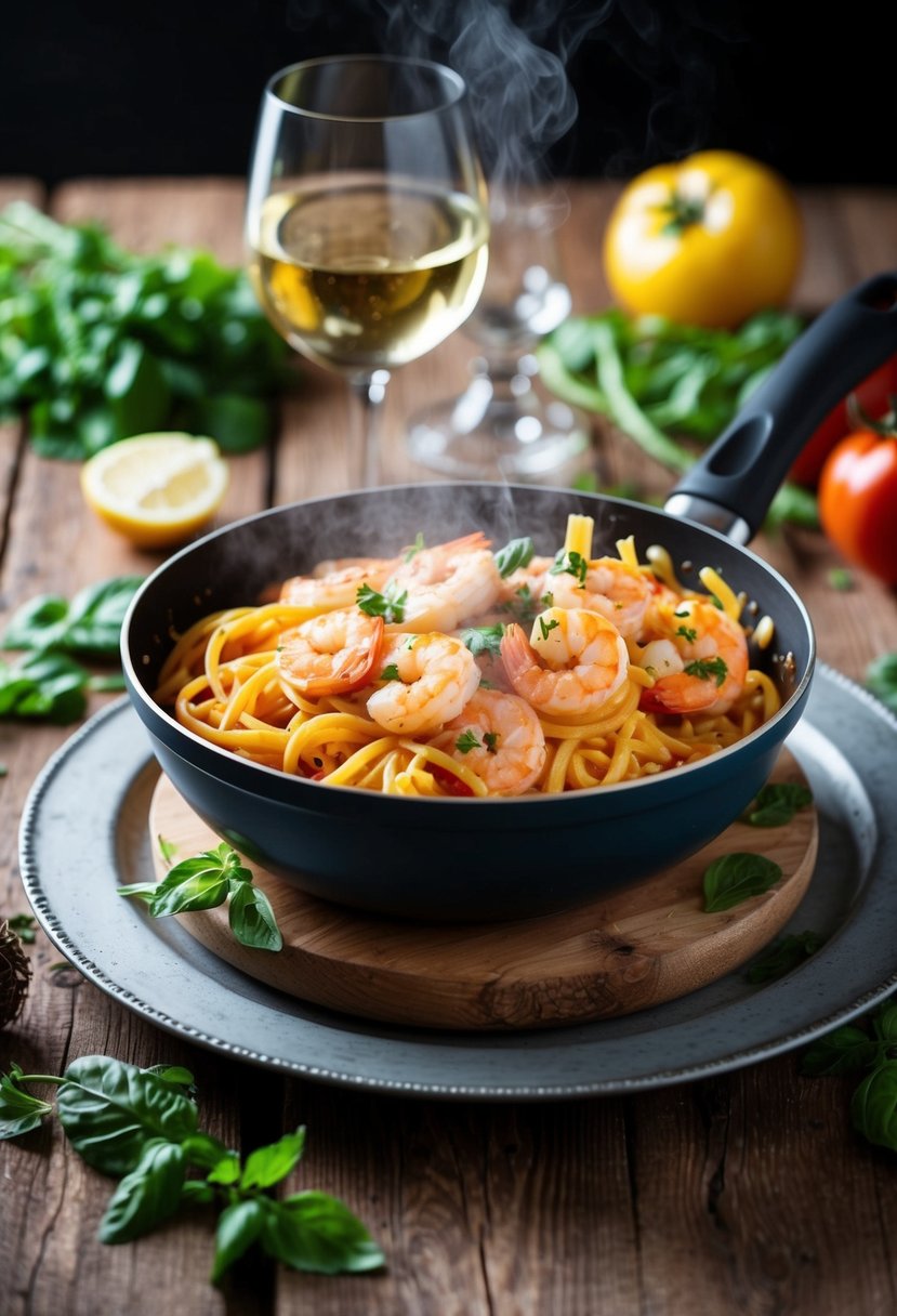 A steaming pot of creamy shrimp tomato pasta sits on a rustic wooden table, surrounded by fresh ingredients and a glass of white wine