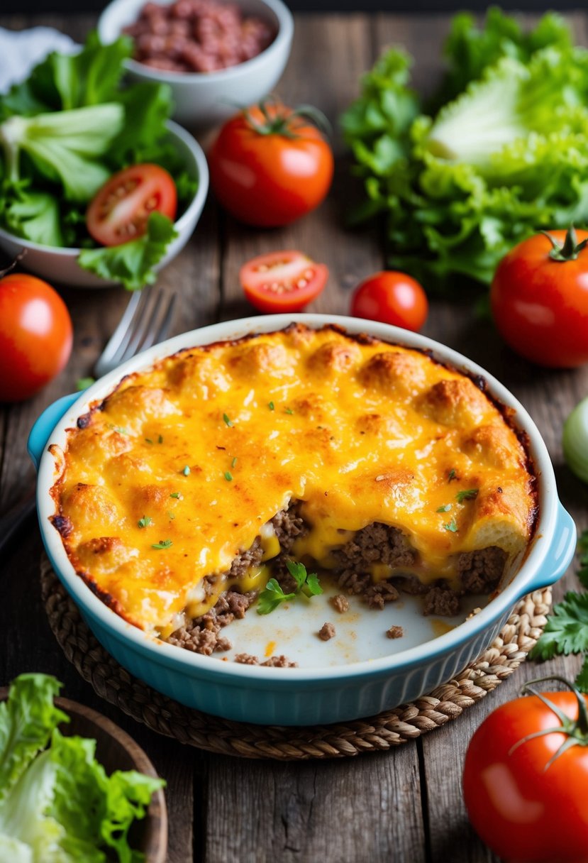 A bubbling cheeseburger casserole sits on a rustic wooden table, surrounded by fresh ingredients like tomatoes, lettuce, and ground beef