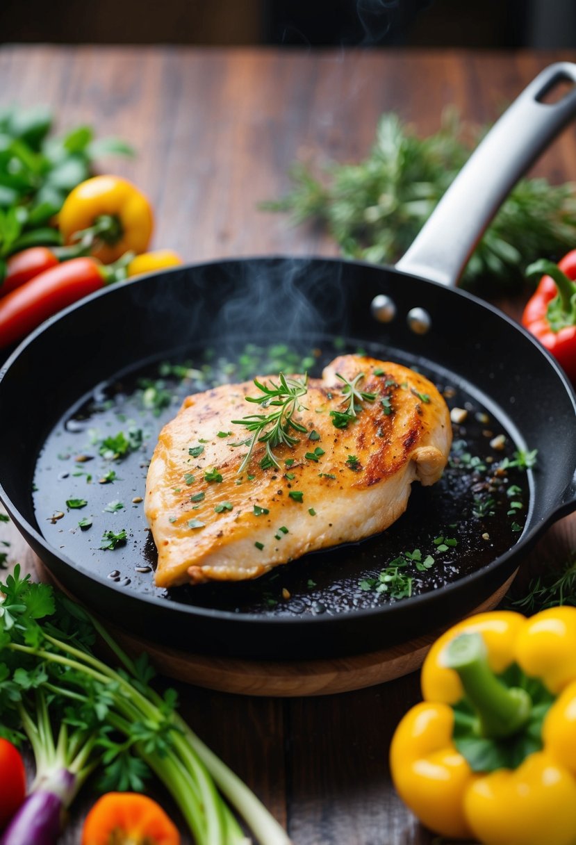 A succulent chicken breast sizzling on a hot skillet, surrounded by colorful vegetables and aromatic herbs