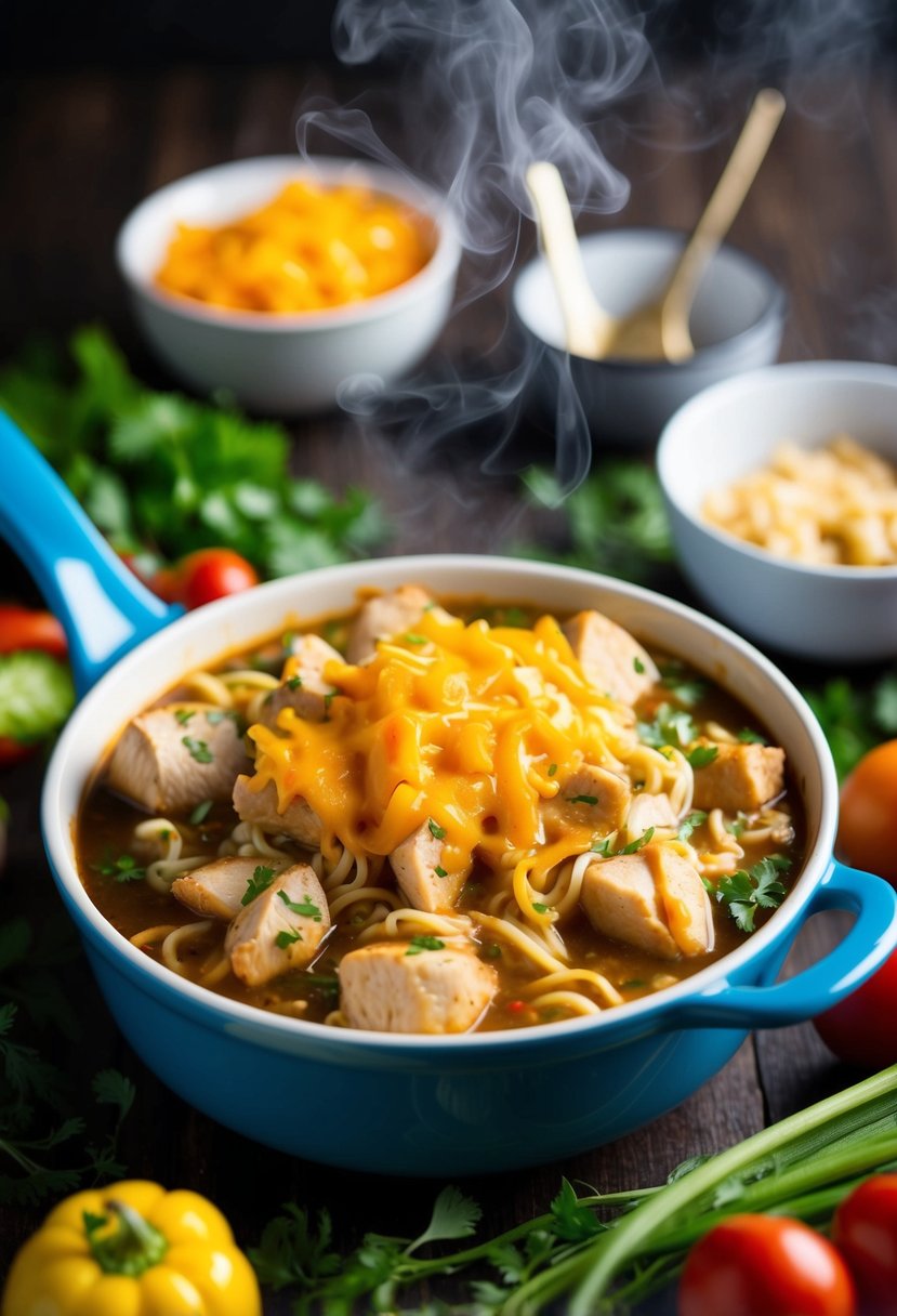 A steaming casserole dish filled with chicken ramen, topped with golden-brown cheese, surrounded by colorful vegetables and herbs