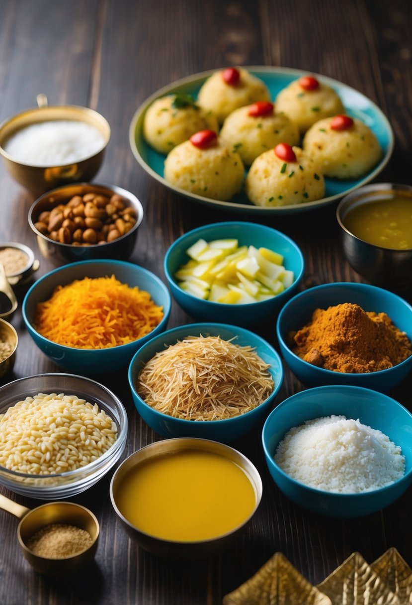 A table set with various ingredients and utensils for making dhokla recipes