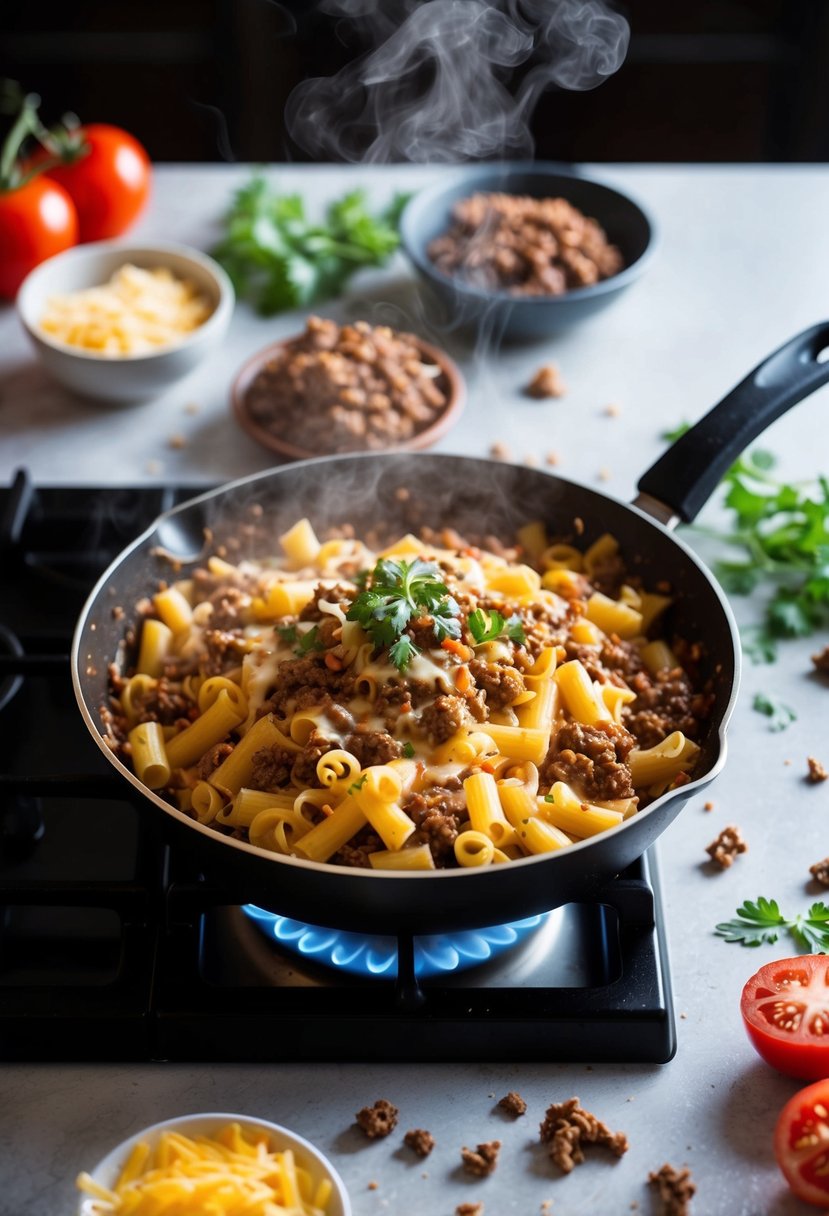 A steaming skillet of cheeseburger pasta sizzling on a stovetop, surrounded by scattered ingredients like ground beef, pasta, cheese, and tomatoes