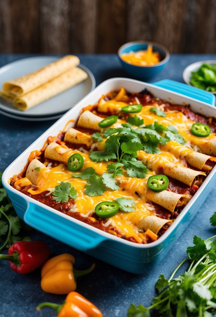 A colorful casserole dish filled with layers of tortillas, cheese, and enchilada sauce, topped with a sprinkle of cilantro and sliced peppers