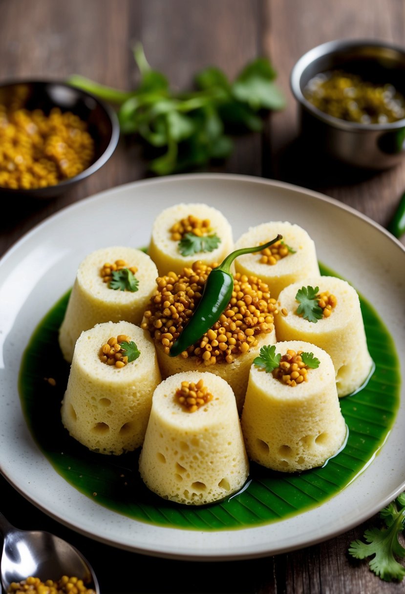 A plate of steamed spongy Khaman Dhokla topped with mustard seeds and green chilies, served with chutney and garnished with cilantro