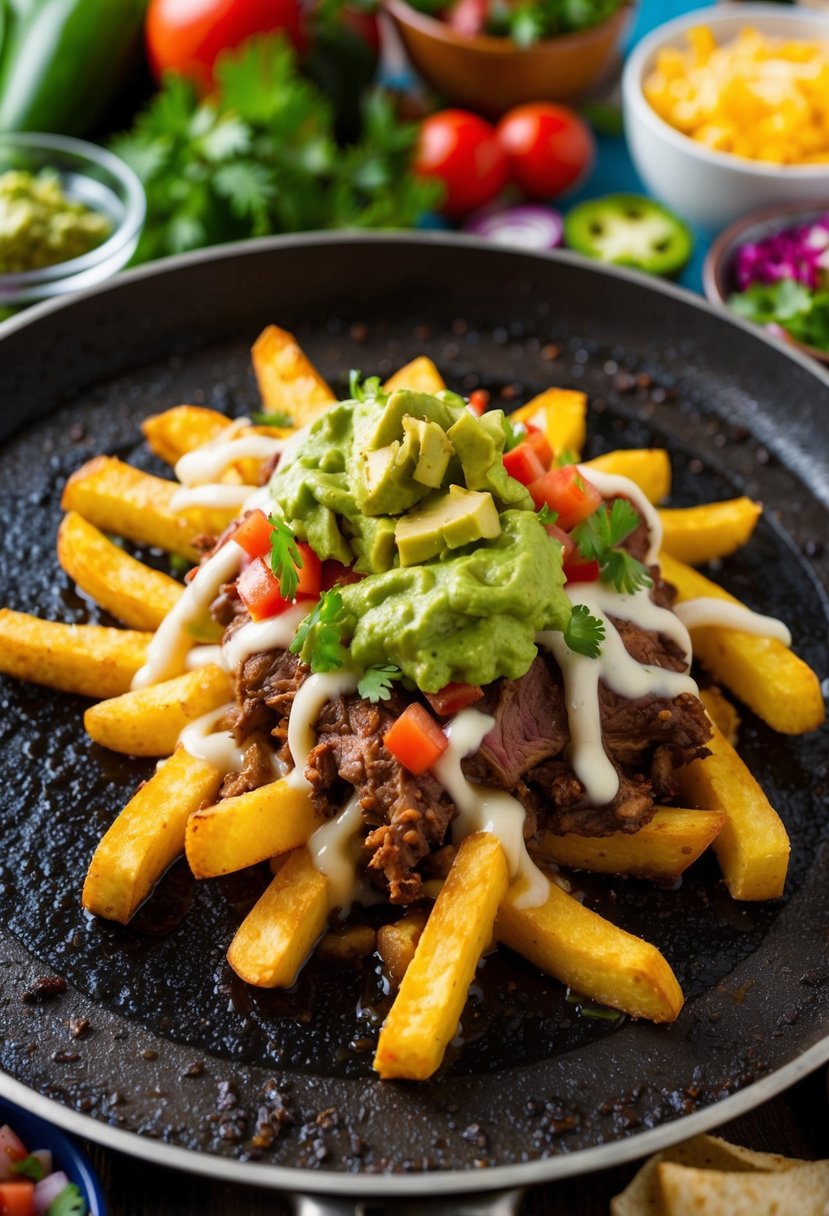 Sizzling carne asada fries on a sizzling hot griddle, topped with melted cheese, guacamole, and pico de gallo, surrounded by colorful ingredients and spices