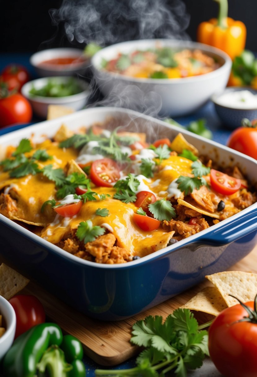 A steaming casserole dish filled with layers of spicy chicken, tortilla chips, and melted cheese, surrounded by colorful ingredients like tomatoes, peppers, and cilantro