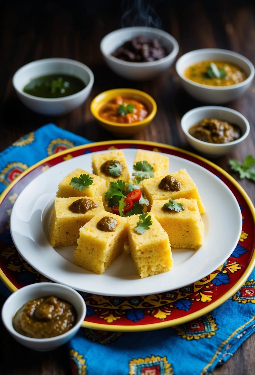 A steaming plate of freshly made Khaman Dhokla sits on a colorful, patterned cloth, surrounded by small bowls of chutney and garnishes