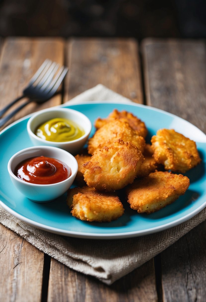 A plate of golden-brown chicken goujons arranged with a side of colorful dipping sauces on a rustic wooden table