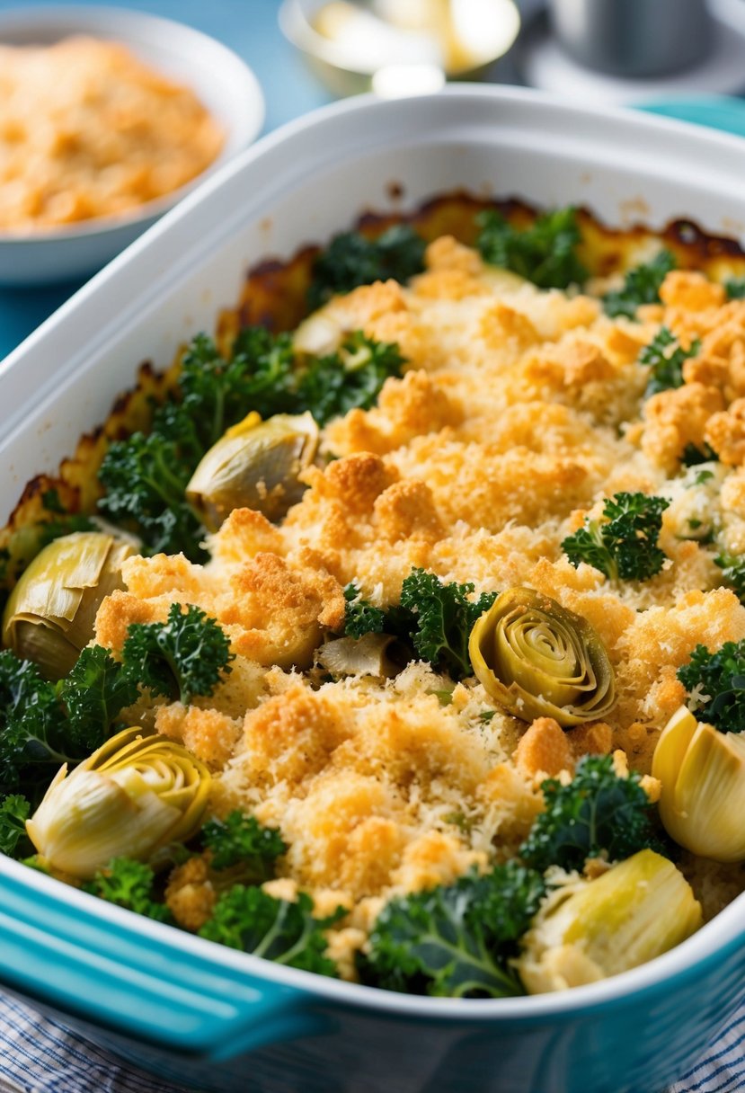 A colorful casserole dish filled with layers of kale, artichokes, and chicken, topped with a golden, crispy breadcrumb crust