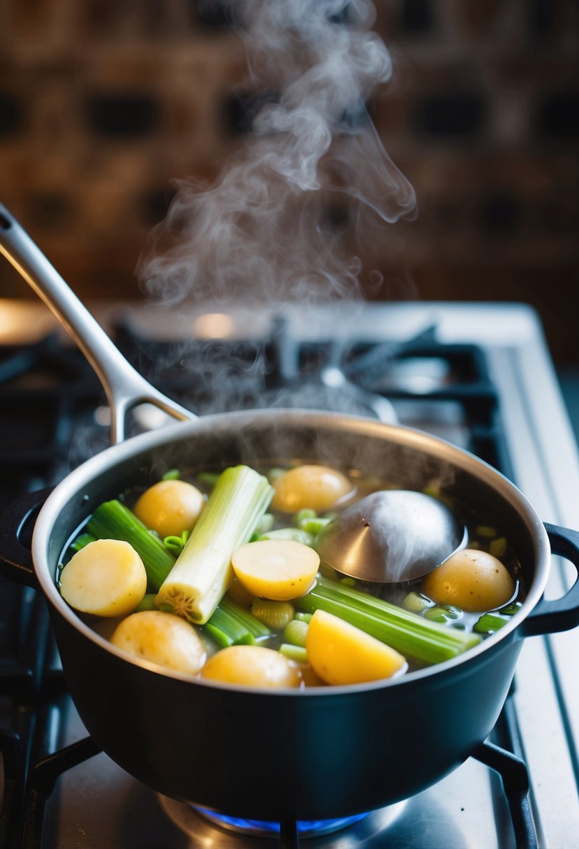 A pot simmering on a stove, filled with leeks, potatoes, and broth. Steam rising, with a ladle resting on the edge