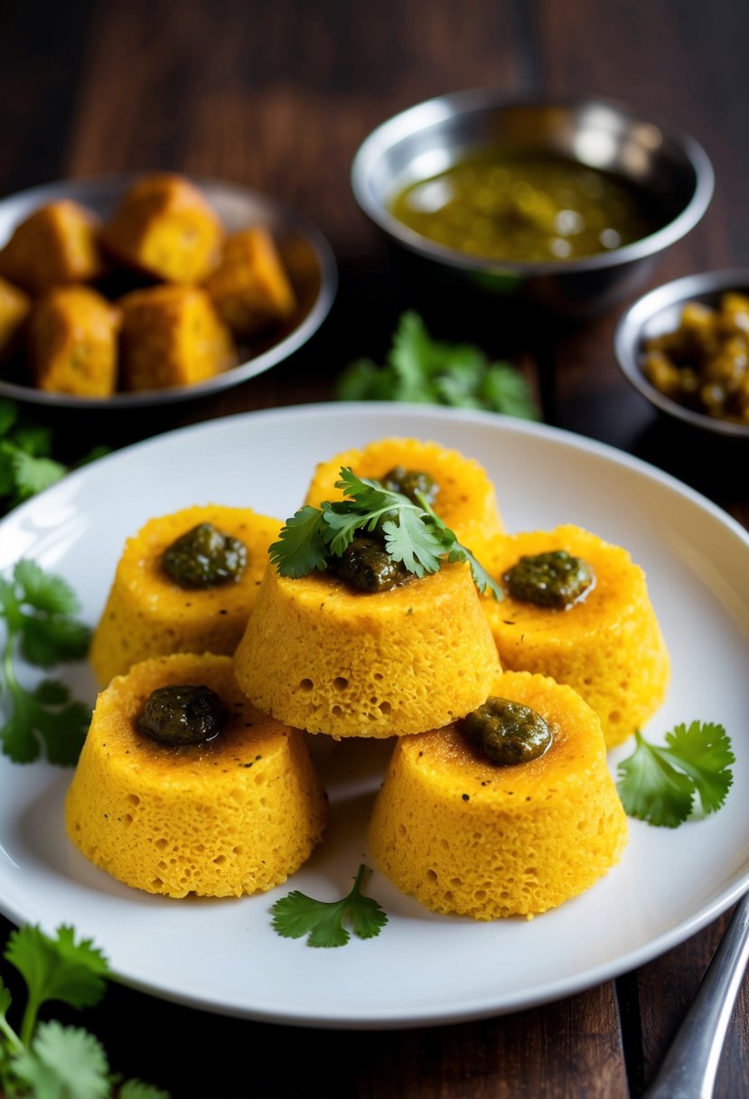 A steaming plate of golden Gujarati dhokla, garnished with fresh cilantro and served with tangy chutney and spicy pickles