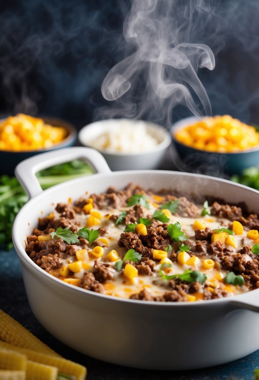 A steaming casserole dish surrounded by ingredients like ground beef, corn, and cheese, ready to be served for dinner